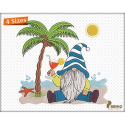 Summer Gnome Embroidery Designs, Beach Gnome Embroidery Designs, Vacation Gnome with Summer Tropical Sun Star Fish Machi