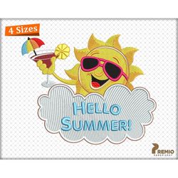 Hello Summer Embroidery Designs, Summer Sun Machine embroidery patterns, Beach Embroidery Design