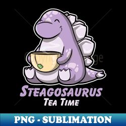 Cute Little Steagosaurus Sitting down Drinking A Cup Of Tea - PNG Transparent Sublimation Design - Perfect for Sublimation Art