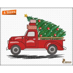 Christmas Truck Embroidery Designs, Vintage Red Car Christmas Machine Embroidery Patterns, Christmas Tree Embroidery Fil