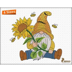 Bee Gnome Embroidery Design, Gnome with Sunflower Embroidery Designs, Bee Gnome Machine Embroidery Design, Sunflower Gno