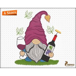 Wine Gnome Embroidery Design, Gnome With Wine Digital Machine Embroidery Design, Gnome Wine Embroidery Pattern Files - S