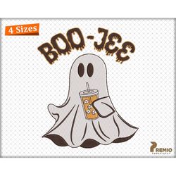 Boo-Jee Ghost with Iced Coffee Embroidery Design, Halloween Embroidery Design, Spooky Ghost Coffee Embroidery Designs -