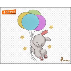 Flying Bunny Embroidery Designs, Easter Rabbit with Flying Balloon Bunny Embroidery Designs,  Easter Bunny Digital Machi