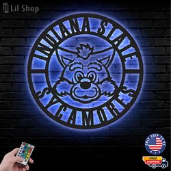 Indiana State Sycamores Metal Sign, NCAA Logo Metal Led Wall Sign, NCAA Wall decor, Indiana State LED Metal Wall Art