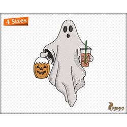 Ghost Drinking Iced Coffee Embroidery Design, Cute Ghost Drinking Coffee Embroidery Design, Halloween Coffee Ghost Machi