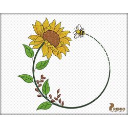 Wreath Sunflower Embroidery Design, Sunflower Monogram Frame Embroidery Design, Embroidery Sunflower, Bee and Sunflower