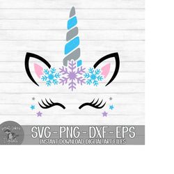 Snowflake Unicorn - Instant Digital Download - svg, png, dxf, and eps files included! - Girl, Unicorn Face, Christmas, W