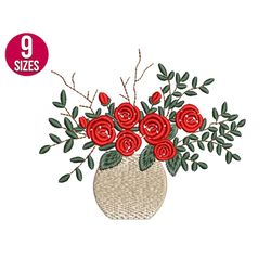 Rose flower pot embroidery design, Machine embroidery file, Machine embroidery pattern, Instant Download