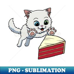 Turkish Angora Cat excited to eat Red Velvet Cake - Unique Sublimation PNG Download - Perfect for Personalization