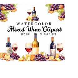 Mixed Wine Watercolor Clipart, Cheese Clipart, Charcuterie Board, Wine Watercolor Clipart, Cheese Clipart, Grape Clipart, Instant Download