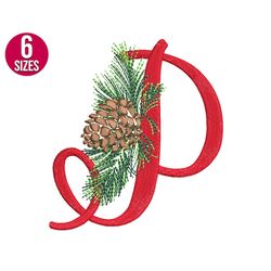 Christmas Alphabet embroidery design, P letter, Pine Cone, Font, Machine embroidery file, Instant Download