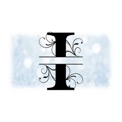 Word Clipart: Split Name Frame Black Formal Style Capital Letter Initial / Monogram 'I' w/ Floral Curls/Swirls - Digital