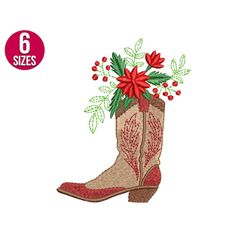Cowgirl boot embroidery design, floral, Machine embroidery file, Instant Download