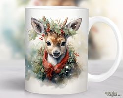 Christmas Baby Deer Mug, Watercolor Winter Reindeer Mug