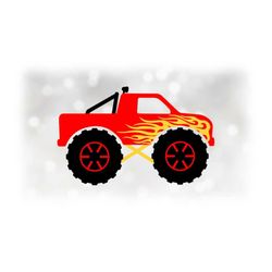 Car/Automotive Clipart: Red Monster Truck with Yellow/Gold Fire Flames and Black Wheels / Accents - Digital Download svg