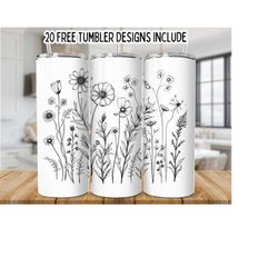 Black Flowers 20 Oz Skinny Tumbler png, Wildflowers wrap, Straight template digital download Sublimation graphics instant download