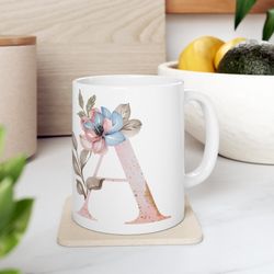 Letter A Floral Alphabet Coffee Mug, Name Begins with A, Initial Mug