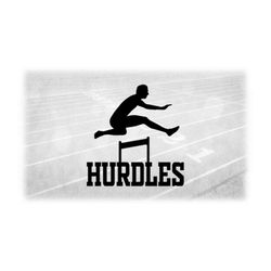 Sports Clipart: Black Track & Field Word 'Hurdles' with Male, Boy, Man Hurdler Runner Silhouette - Hurdling Event - Digi