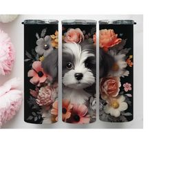 3D Dog and Flower 20 oz Tumbler PNG, Dog Floral Skinny Sublimation Wrap, Dog Flower png, Funny Dog Tumbler Wrap, pet tumbler wrap