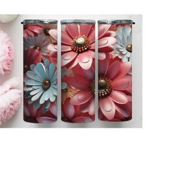 3D Pink and Blue Flowers 20 oz Tumbler PNG, Floral Skinny Sublimation wrap, Floral pattern png, Flower lovers png, Garden lovers