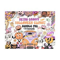 Retro Halloween Clipart Bundle, Halloween SVG, Groovy Halloween Sublimation Designs, daisy flower ghost pumpkin clipart, boho Halloween png