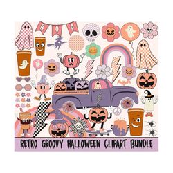 Retro groovy hippie Halloween clipart bundle, spooky season, ghost witch, pumpkin, halloween png, cute clipart, sublimation Designs Download
