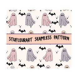 Retro halloween pattern, groovy seamless pattern, halloween digital pattern, spooky seamless pattern, Retro Floral Ghost Seamless Pattern