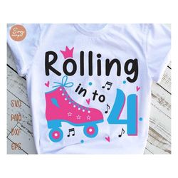 Rolling Into 4 svg, Birthday Roller Skates svg, 4th Birthday svg, Roller Skating svg, Roller Girl svg, Retro Summer Kid