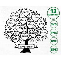 Family tree svg 13 members, Family heart tree svg, Family reunion svg, tree split monogram, Tree of Life svg, png, cricut,Dxf files