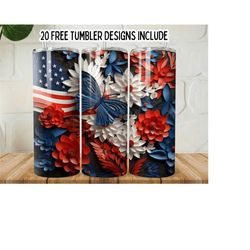 USA Flag and Butterflies Tumbler PNG, 3D American Flags Flowers 20oz Skinny Wrap Tumbler, Patriotic Flowers, Tumbler Wrap, Digital Download