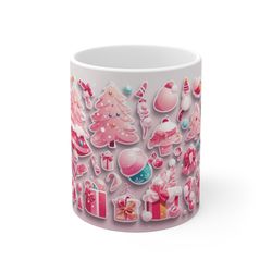 Pink Christmas Mug with seasonal elements, symbols Wrap Mug, Pink Seasonal Decor