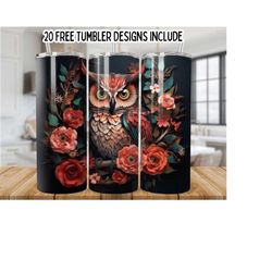 3D Owl 20oz Skinny Tumbler Wrap, Floral Owl Sublimation Designs, Straight Seamless Graphics Tumbler Wrap PNG, Instant Digital Download