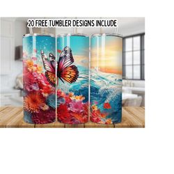 3D Floral Butterfly 20oz Skinny Tumbler Wrap, Straight Template Sublimation Graphics Tumbler Wrap PNG, Instant Digital Download