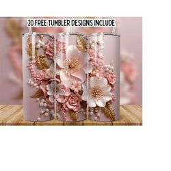 3D White Pink Flowers 20 oz Skinny Tumbler Sublimation Design, Straight Tumbler Wrap, Seamless Flower Wrap Png, Instant Digital Download PNG