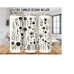 Black Flowers 20 Oz Skinny Tumbler png, Wildflowers wrap, Straight template digital download Sublimation graphics instant download