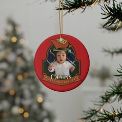 red personalized baby first christmas ornaments with baby photo, custom name gift, custom family photo