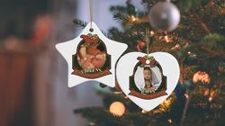 white personalized baby first christmas ornaments with baby photo, custom name gift, custom family photo