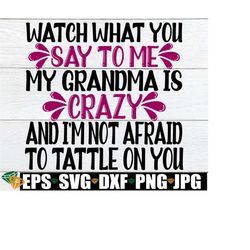 Be careful what you say to me my grandma's crazy and I'm not afraid to tell on you. Funny grandma. Crazy grandma. I love my grandbaby svg.