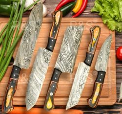 Damascus steel chef knives set, Chef knife set of 5 pcs with leather sheath | Best birthday & Anniversary gift