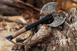 Viking Double Headed Axe | Custom Gift Forged Battle Axe | Carbon Steel Axe with Leather Sheath | Best Gift For Him