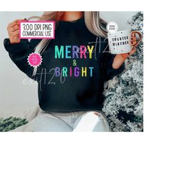 Merry & Bright Faux Sequin Sparkly Christmas Png, FREE COMMERCIAL USE, Cute Holiday Png, Trendy Sublimation, Digital Des