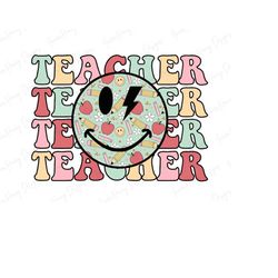 Retro teacher png, Teacher smiley face, Retro back-to-school, Backto school png, Smileyface png, Mama png floral, Retro