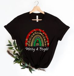 Rainbow Christmas Shirt Png, Merry  Bright Shirt Png, Leopard Cheetah, Women Christmas Gift, Trendy Christmas Rainbow Sh
