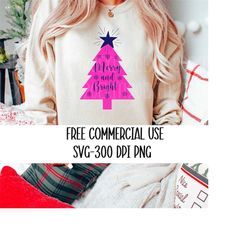Pink Christmas Svg, FREE COMMERCIAL USE, Merry and Bright Png,Svg,  Preppy Christmas Png, Sublimation, Pink Christmas Tr