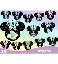 Christmas Unicorn Mousehead Princesses Svg Png Mega Bundle, Princess Mouse Ear Svg Png, Silhouette, Vinyl Cutfile, Clipa
