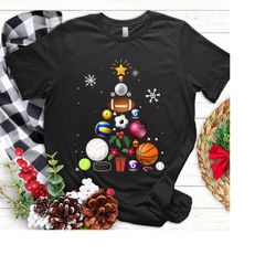sports christmas tree t shirt, sports christmas tree shirt, sport ball christmas tshirt, christmas sports balls shirts,