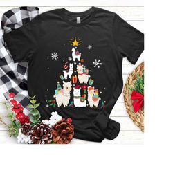 Funny Llama Christmas Tree Shirt , Llama Christmas Tree Shirt, Merry Christmas Santa Hat Reindeer Llama Shirt, Llama Shi