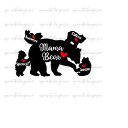 Mama Bear Png With 4 Cubs, Personalized Mama Of 4 Png, 4 Kids Name Png, Mama Bear Diy