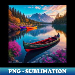 Waterfront Landscapes with Colorful Rowboats and Canoes Floating on a Calm River or Lake Creating a Serene and Peaceful Atmosphere Ai Generated Art - PNG Sublimation Digital Download - Perfect for Personalization